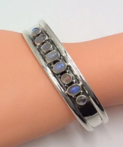 STUNNING STERLING SILVER 925 RAINBOW MOONSTONE MODERNIST DESIGN CUFF BANGLE - Picture 1 of 6