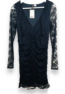 H&M Divided Dress Black Lace Bodycon Ruched Long Sleeve Sexy Party LBD Sz Small - Picture 1 of 15