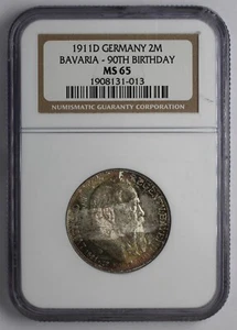 1911 D Germany Silver 2 Mark Bavaria 90th Birthday NGC MS 65 - Picture 1 of 5