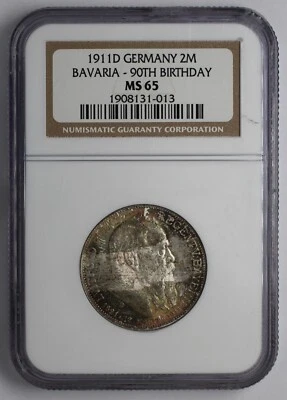 1911 D Germany Silver 2 Mark Bavaria 90th Birthday NGC MS 65 - Image 1 of 4