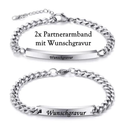2x Partnerarmbänder aus Edelstahl mit Wunschgravur Wunschname Armband Geschenk  - Bild 1 von 3