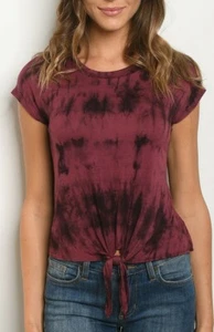 Camiseta Jersey Borgoña/Negro Tie Dye Nudo Frontal Suave - Imagen 1 de 2