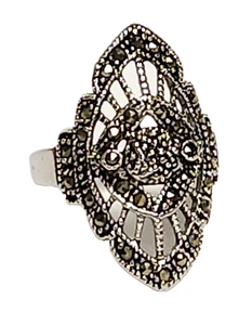 JTV Rhodium Plated Marcasite Art Deco Style Marquise Shaped Ring 7 3/4 - Picture 1 of 6