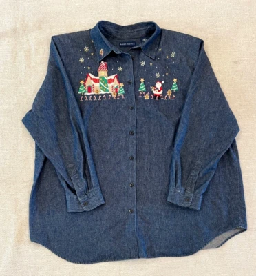 Karen Scott Shirt Womens Denim Christmas Embroidered Santa Button Up Sz 1X - Image 1 of 4