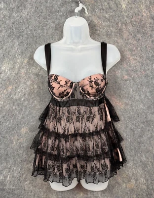Fredericks of Hollywood Lingerie Babydoll Corset M Black Pink Lace Tiered Sexy - Image 1 of 4
