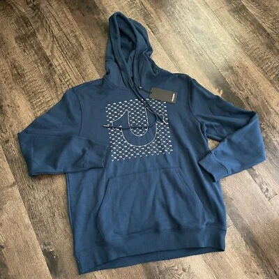 Moletom com capuz True Religion HorseShoe logotipo levantado micro TR masculino tamanho G gráfico azul novo com etiquetas - Imagem 1 de 3
