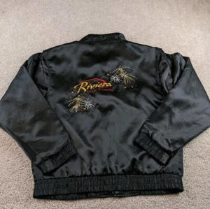 VTG Riviera Jacket Mens Small Black Satin Bomber Hotel Casino Las Vegas 80s 90s - Picture 1 of 7