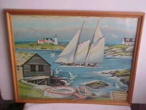 vtg large mcm paint by numbers lighthouse house by the sea framed hand painted - Picture 1 of 8