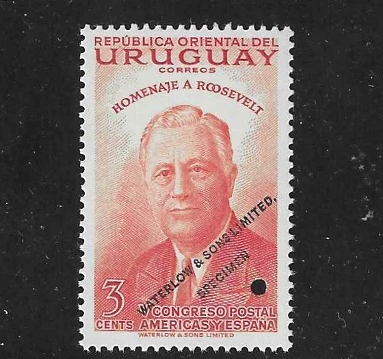 Uruguay 1953, 3c Roosevelt, trial color, WATERLOW SPECIMEN ovpt., NH #602 - Image 1 of 1