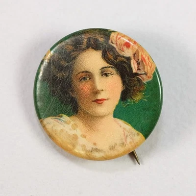 1910s Cracker Jack Victorian Woman Celluloid Antique Pinback Button Toy Prize #2 - Image 1 of 2