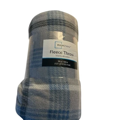 New Mainstays Fleece Throw Blanket 50x60 Gray Blue Plaid Fleece Throw Soft Cozy - Image 1 of 2