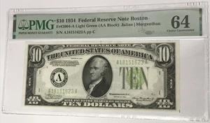 1934 $10 Federal Reserve Note Boston PMG 64 CU Fr#2004-A Light Green - Picture 1 of 2