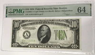 1934 $10 Federal Reserve Note Boston PMG 64 CU Fr#2004-A Light Green - Image 1 of 2