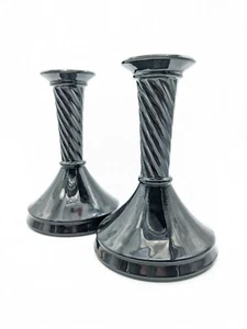 Two (2) Vtg Black Ebony Glass Candle Holders Round Base Twisted Column 6" tall - Picture 1 of 9