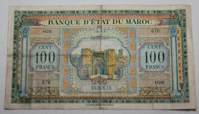 VINTAGE 1943 MOROCCO, BANK OF MORAC 100 FRANCS NOTE, PAPER MONEY - Image 1 of 2
