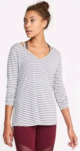NWT Old Navy SzS Active Go Dry LS Top Gray & White Striped Criss-cross Open Back - Picture 1 of 8