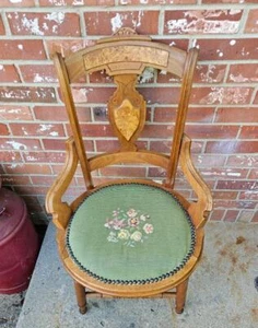 Antique Walnut And Burl Chair Green Floral Needlepoint Seat #3 - Picture 1 of 9
