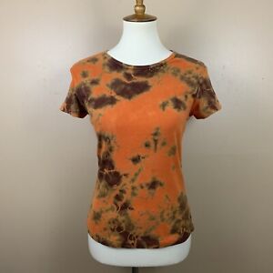 TRYST Shirt Womens Large PETITE Orange Brown Tie Dye Casual Cotton Boho Tee USA