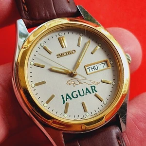 Seiko Jaguar Dial Two Tone Day Date Watch 7N43-8199 Cal 7N43 Brown Leather Mens - Picture 1 of 7