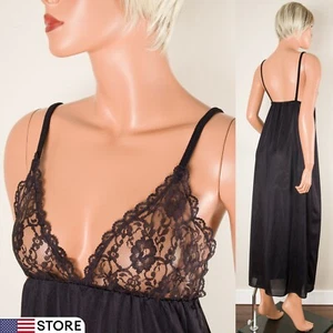 💖 Camisón Vintage Lencería Vestido Vestido Negro M Nylon Encaje Transparente Corpiño EE. UU. - Imagen 1 de 12