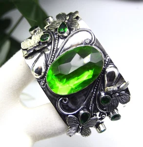 Green Peridot Gemstone 925 Sterling Silver Jewelry Cuff Bracelet Adjustable" - Picture 1 of 6