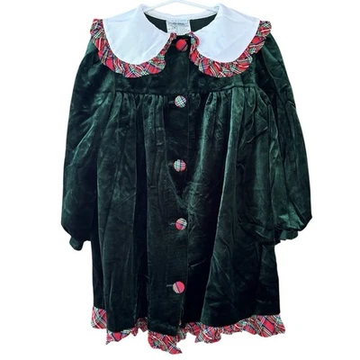 De Colección Vestido Caitlyn Scott Niñas 6X Terciopelo Verde Vacaciones Cuadros Cuello Peter Pan Años 80 Foto 1 de 4