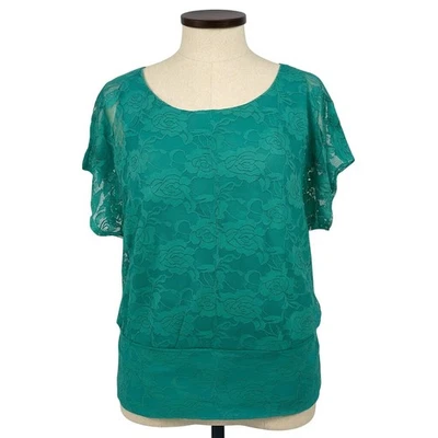 Blusa AB Studio L Blusa de Encaje Verde Top Forrada Transparente Superposición Cintura Bandas Elegante Foto 1 de 4