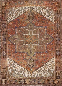 Antique Heriz Geometric Hand-knotted Area Rug Dining Room Oriental 8'x11' Carpet - Picture 1 of 12