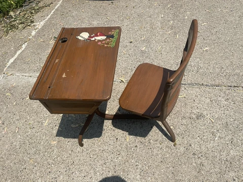 Mid-Century Children's Young Adult School Desk w/ Attached Chair - Metal & Wood Cover