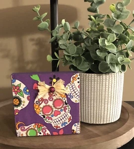 Halloween Sugar Skull Colorful Decoupage Small Wooden Plaque Tiered Tray Decor - Picture 1 of 10