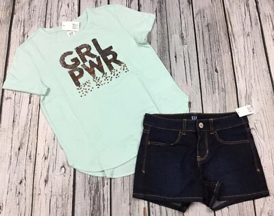 Gap Kids Girls Size 6 Light Teal Flip Sequins Shirt & Denim Shorts Outfit. Nwt - Image 1 of 4