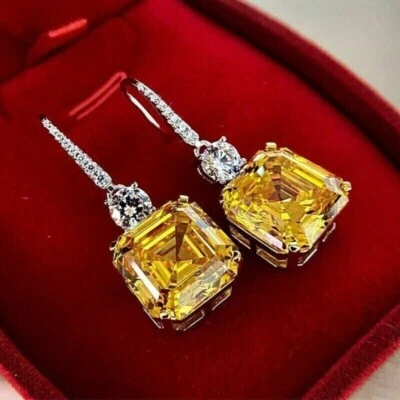 14K White Gold Plated 4.00 Ct Asscher Moissanite Citrine Drop/Dangle Earrings - Image 1 of 3