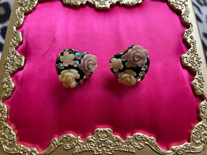 Betsey Johnson Fabulous Flowers Resin Black Heart Carved Pink Rose AB Earrings