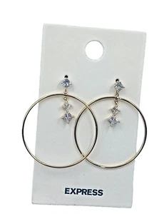 Express 1 1/2" Crystal Dangle Hoop Push Back Pierced Earrings Gold Tone Shiny - Picture 1 of 5