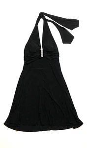 Y2K Black Rhinestone Slinky Sheer Stretch Vampy Bimbo Goth Flare Midi Dress M 8 - Picture 1 of 22