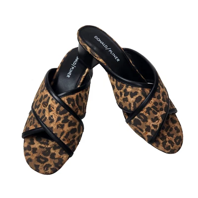 Donald Pliner Mally Mule Slide Mujer 7 M Marrón Negro Leopardo Corcho Tacón Bloque Foto 1 de 4