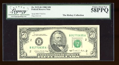 DBR 1988 $50 FRN New York Fr. 2123-B Legacy 58 PPQ Serial B91772635A - Image 1 of 2