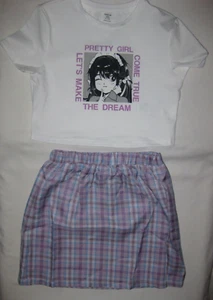 Shein 11-12yrs kawaii white anime graphic crop tee & purple plaid skirt set nip - Picture 1 of 1