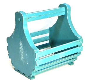 Vintage Wood Caddy Tote Basket Turquoise Blue - Picture 1 of 6