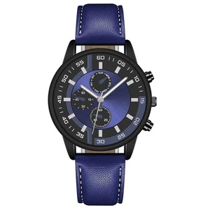 Orologio da polso al quarzo in lega alla moda quadrante tondo con cinturino in pelle blu - Foto 1 di 5