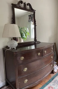 Mahogany Bow Front Dresser w Tilt Mirror - Brass Pulls - Origin Philadelphia PA - Picture 1 of 6