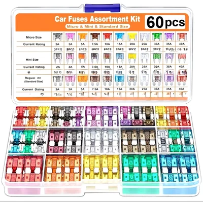 KIT 60 FUSIBILI LAMELLARI DA 5A A 30A ASSORTITI IN BUSTA RICAMBIO PER AUTO MOTO - Immagine 1 di 4