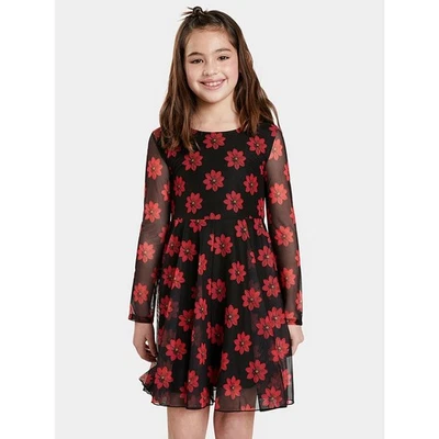 Desigual Girls Dress Size 13/14 Red Daisy Flowers Mesh Black Long Sleeve - Image 1 of 4