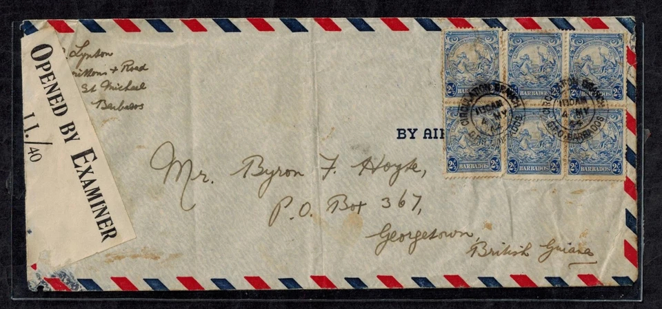 Cubierta de Barbados de la Segunda Guerra Mundial con cinta censora de la Guayana Británica I.I./40 IV C correo intercolonial Foto 1 de 2