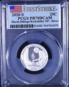 2020 S MARSH BILLINGS SILVER 25C PCGS PR70DCAM NP FS Silver Proof Set Flag Label - Picture 1 of 2