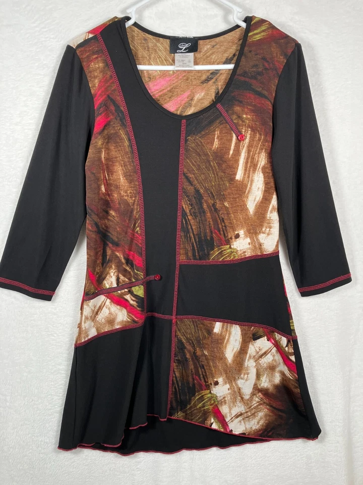 Top túnica negra Libra para mujer talla mediana rosa estampado de retazos camisa tejida elástica Foto 1 de 4