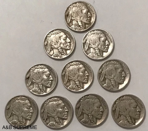 Count of Ten Circulated Buffalo Nickels 1913 to 1938 Fine Cover