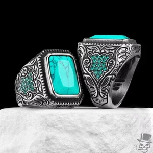 Sculpt Rings™ Turquoise Gemstone Men's Ring – Vintage-Style 316L Stainless Steel - Picture 1 of 11