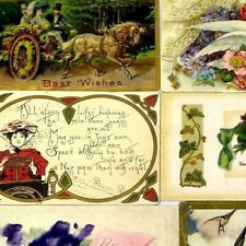 Lot of 6 Antique Best Wishes Postcards Greetings Horse Carriage Poem Dove Birds 
