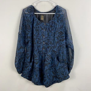 Grace Elements Womens Large Pullover Long Sleeve Top Blue Semi Sheer Button T117 - Picture 1 of 3